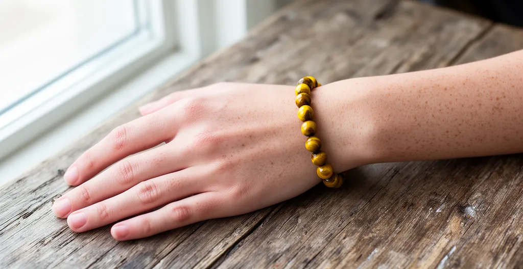 Poignet portant un bracelet en perles d'œil de tigre jaune posé sur une table en bois