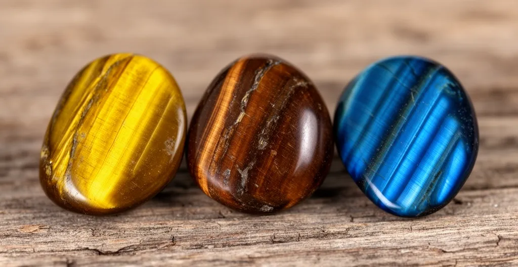 Trois pierres œil de tigre côte à côte montrant les variantes jaune, classique et bleue