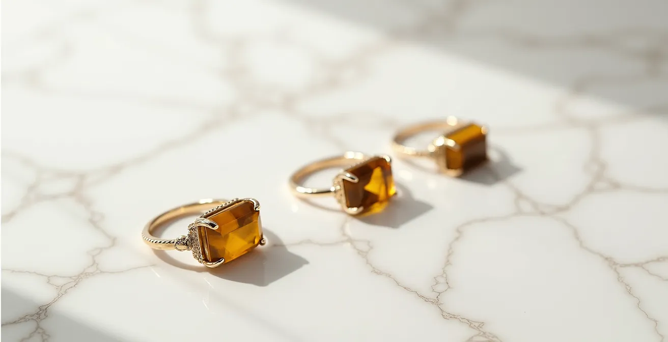 Composition minimaliste de bijoux en œil de tigre jaune sur différents métaux